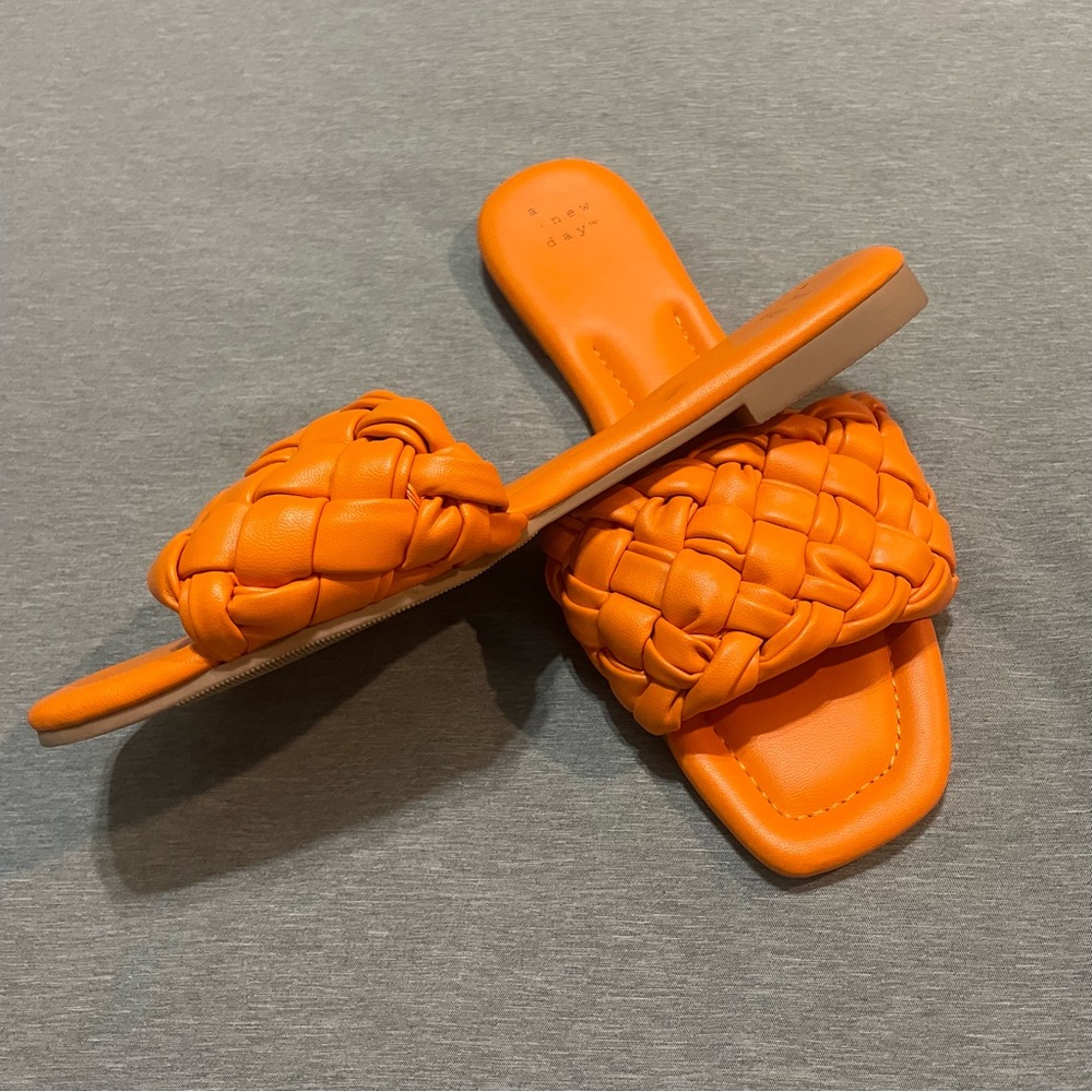A New Day Carissa Woven Slide Sandals 8.5 Orange Square Toe Braided - Picture 2 of 5